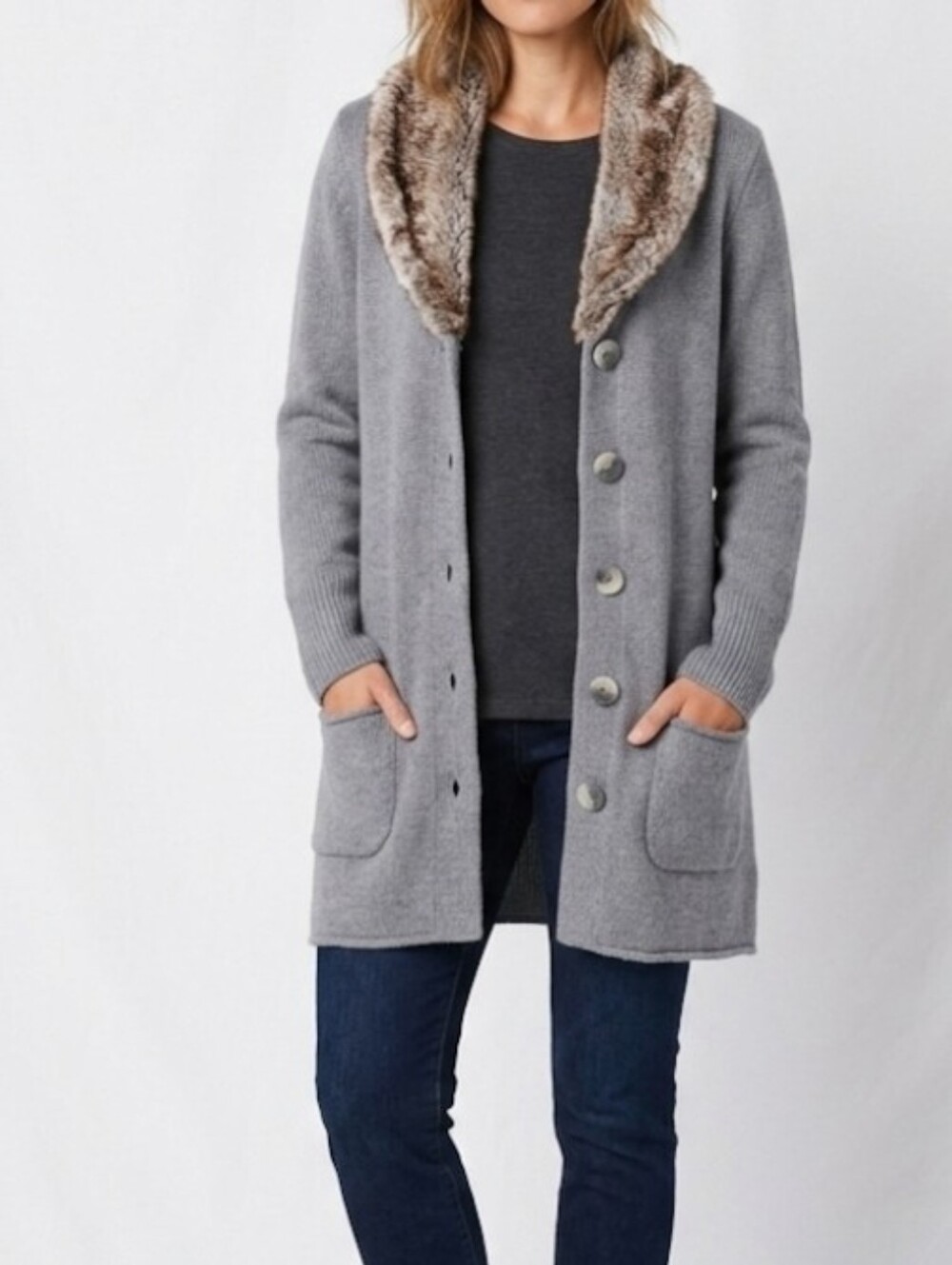 J Jill Gray Rabbit Hair Faux Fur Angora Blend Prairie‎ Boho Sweater Size Small